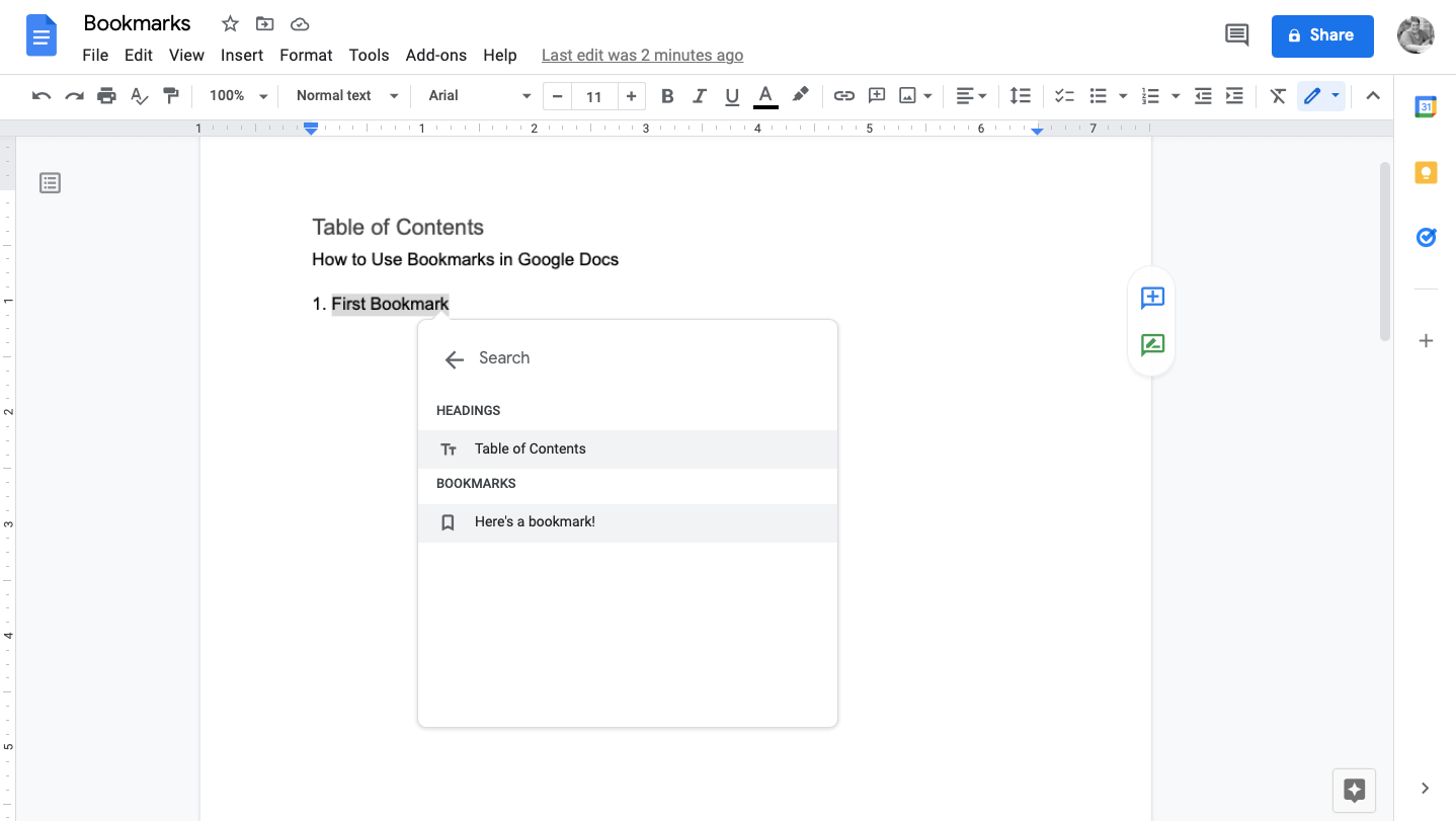 Выбор закладки при создании ссылки в Google Docs