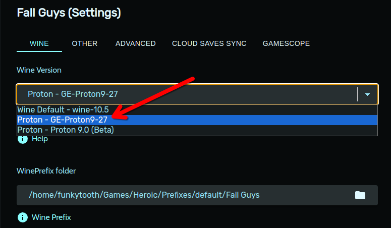 Настройки Wine в Heroic с указателем на опцию GE-Proton в выпадающем списке Wine Version.