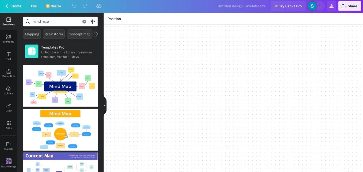 Canva Whiteboard mind map search