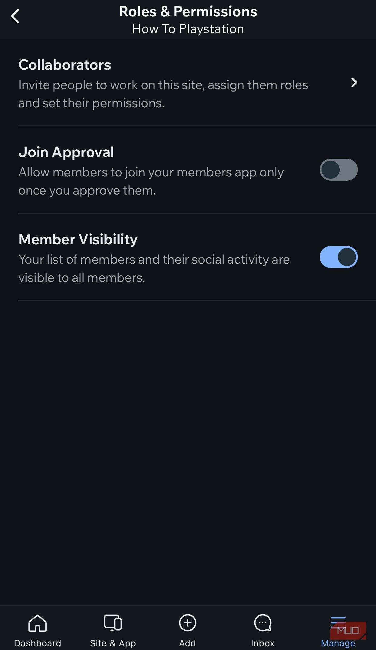 Страница Roles and Permissions в приложении Wix Owner