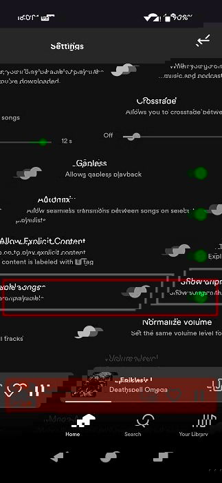 Включение опции «Показывать недоступные песни» в приложении Spotify на Android