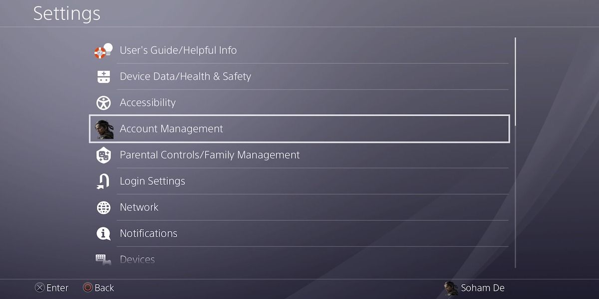 Меню настроек PS4: выбран пункт Account Management