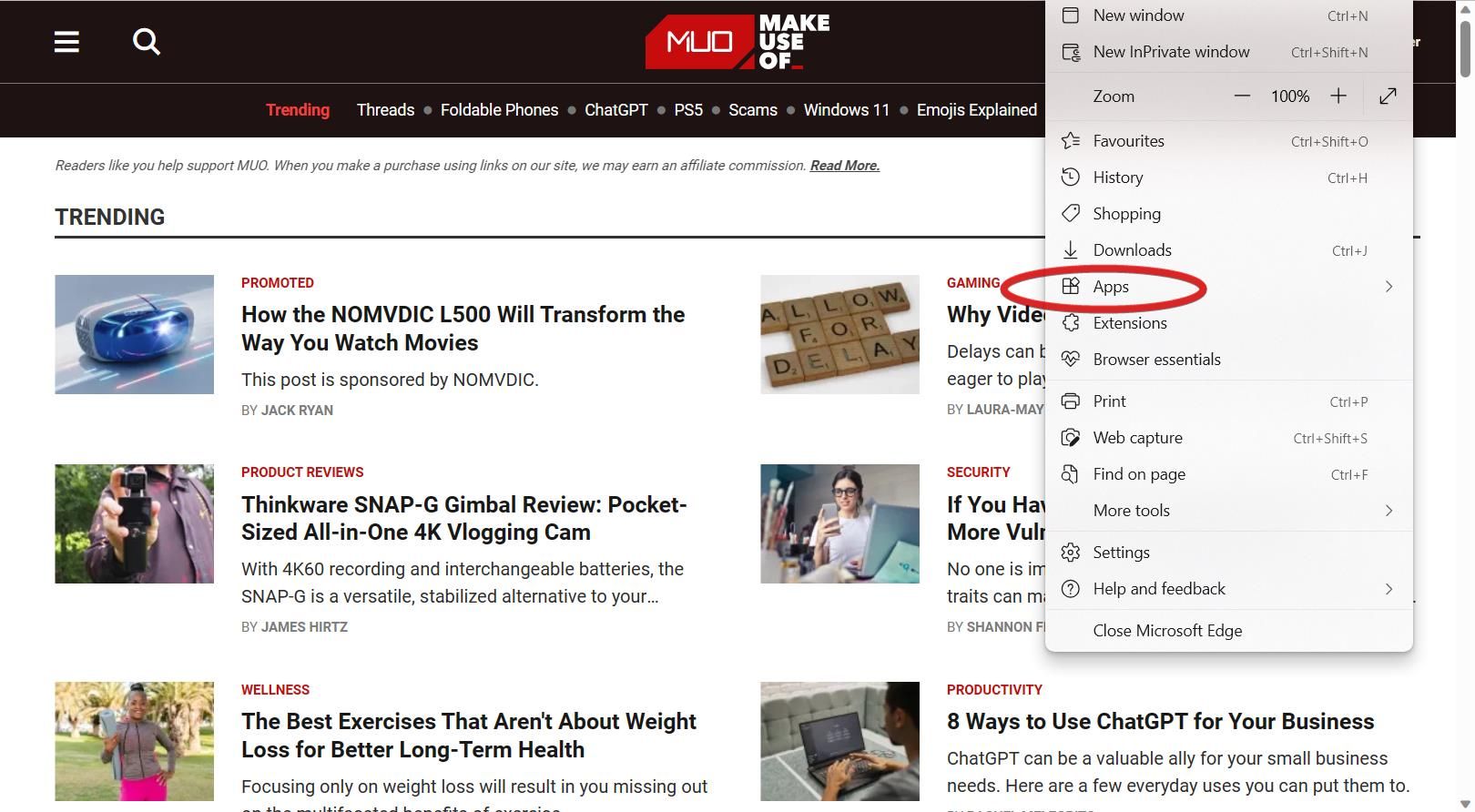 Пункт меню «Приложения» в Edge