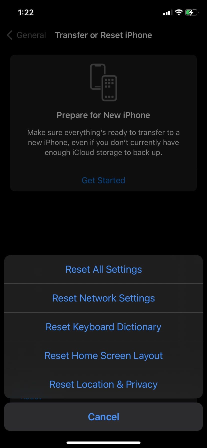 Опция Сбросить расположение домашнего экрана