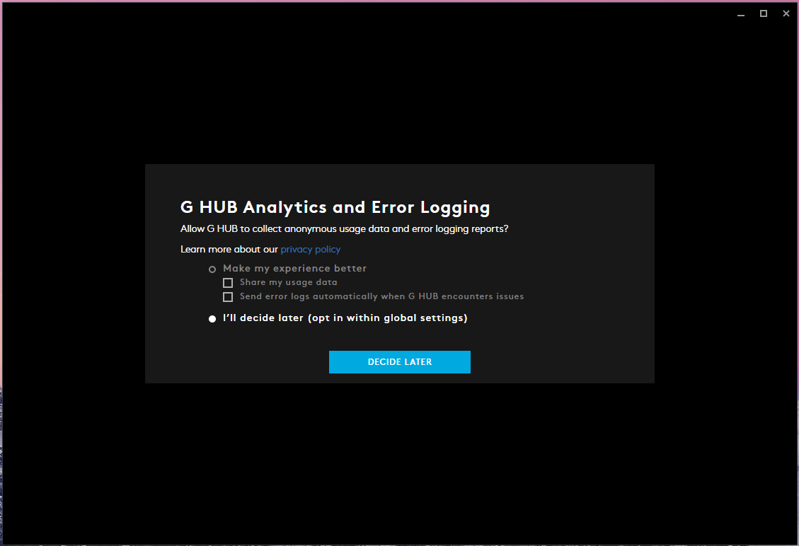 Окно запроса разрешений на сбор аналитики в G Hub