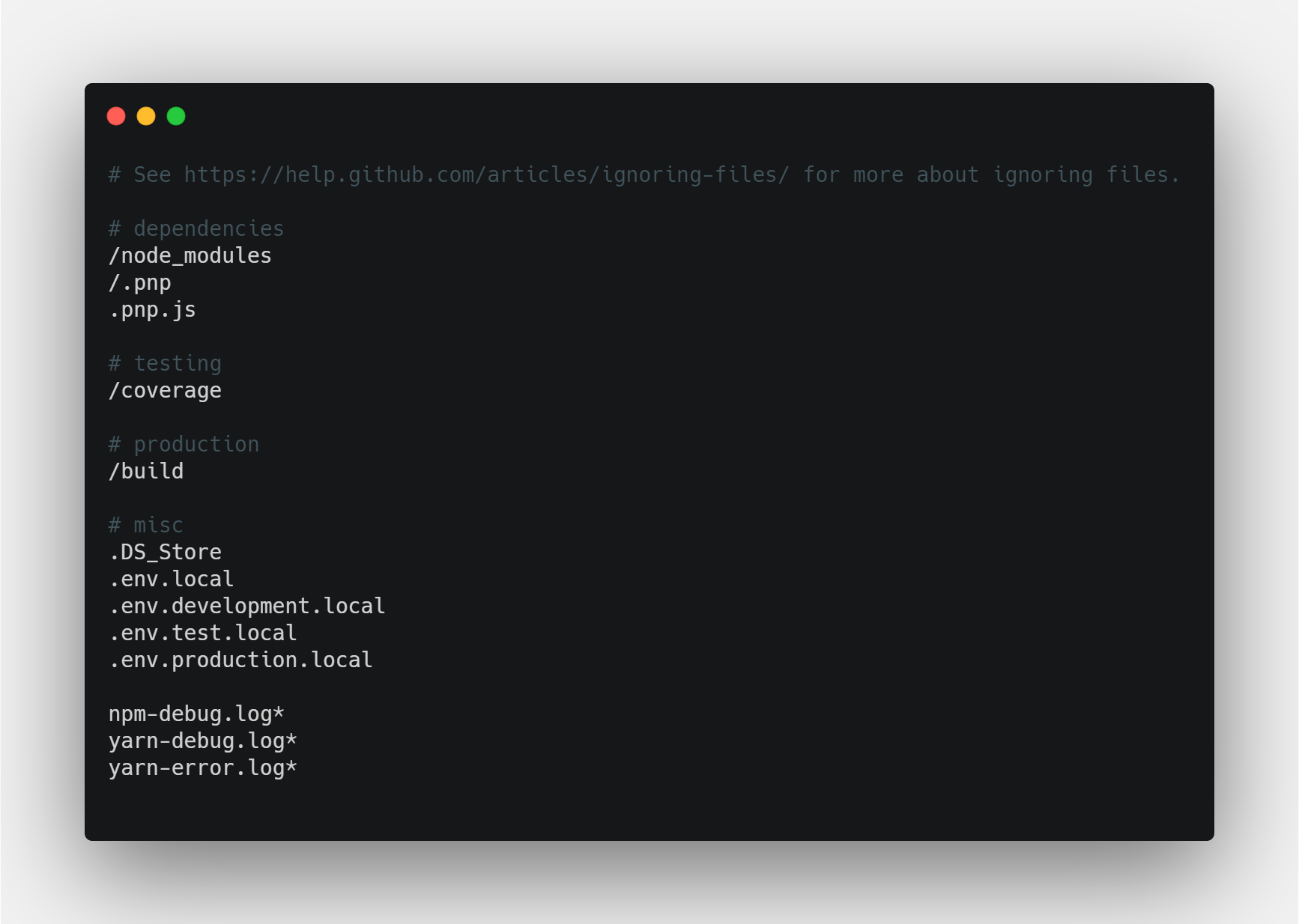 Пример .gitignore файла в приложении React, показывающий шаблон игнорируемых файлов