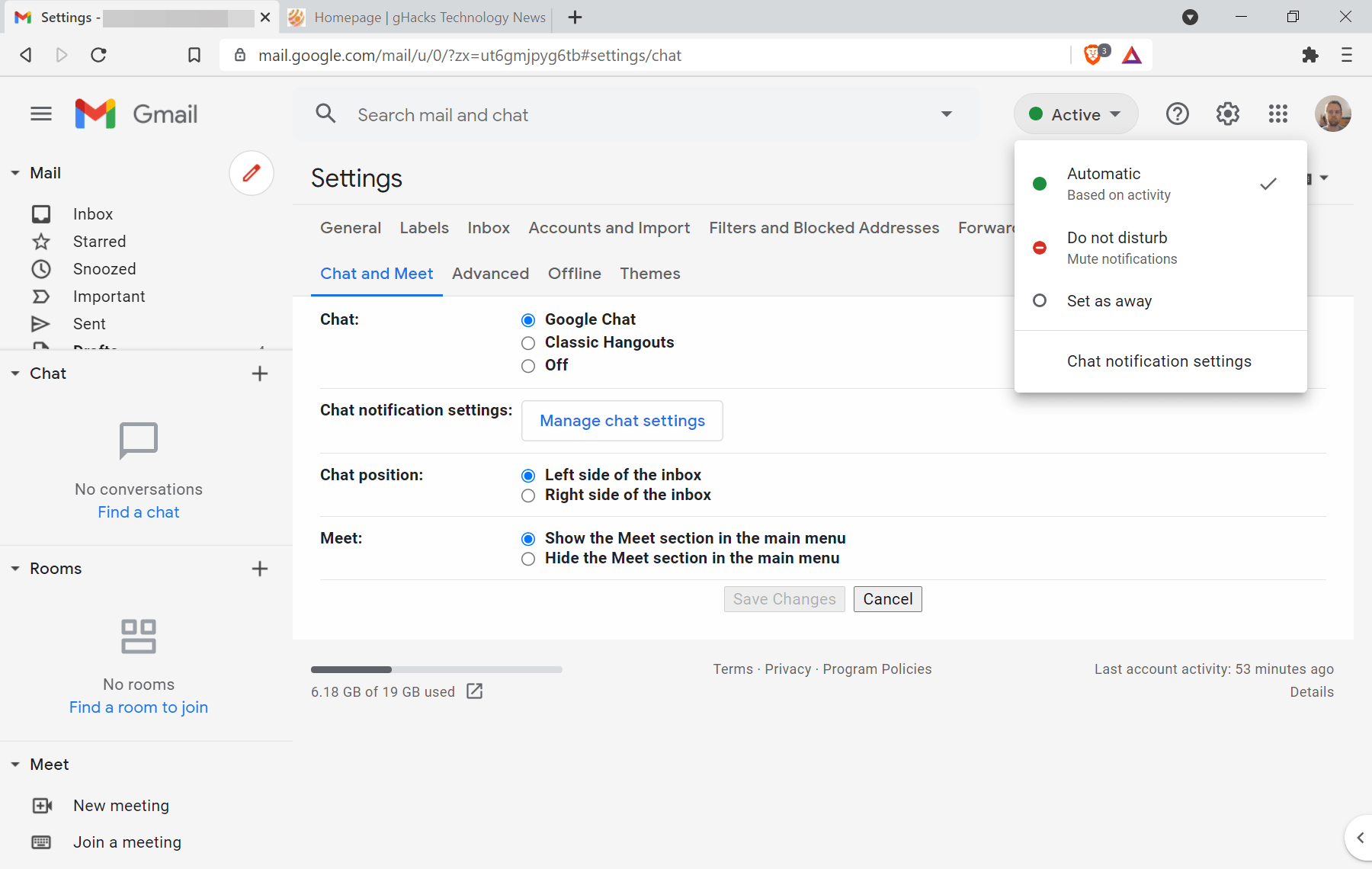Выбор статуса в новом интерфейсе Gmail