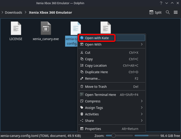 Right click the Xenia-Canary.config.toml file and then select to open it with Kate text editor.