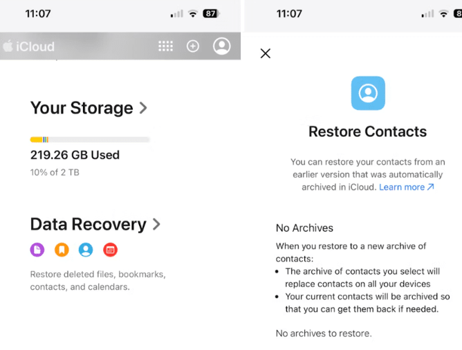 Восстановление контактов через iCloud.com — выбор архива
