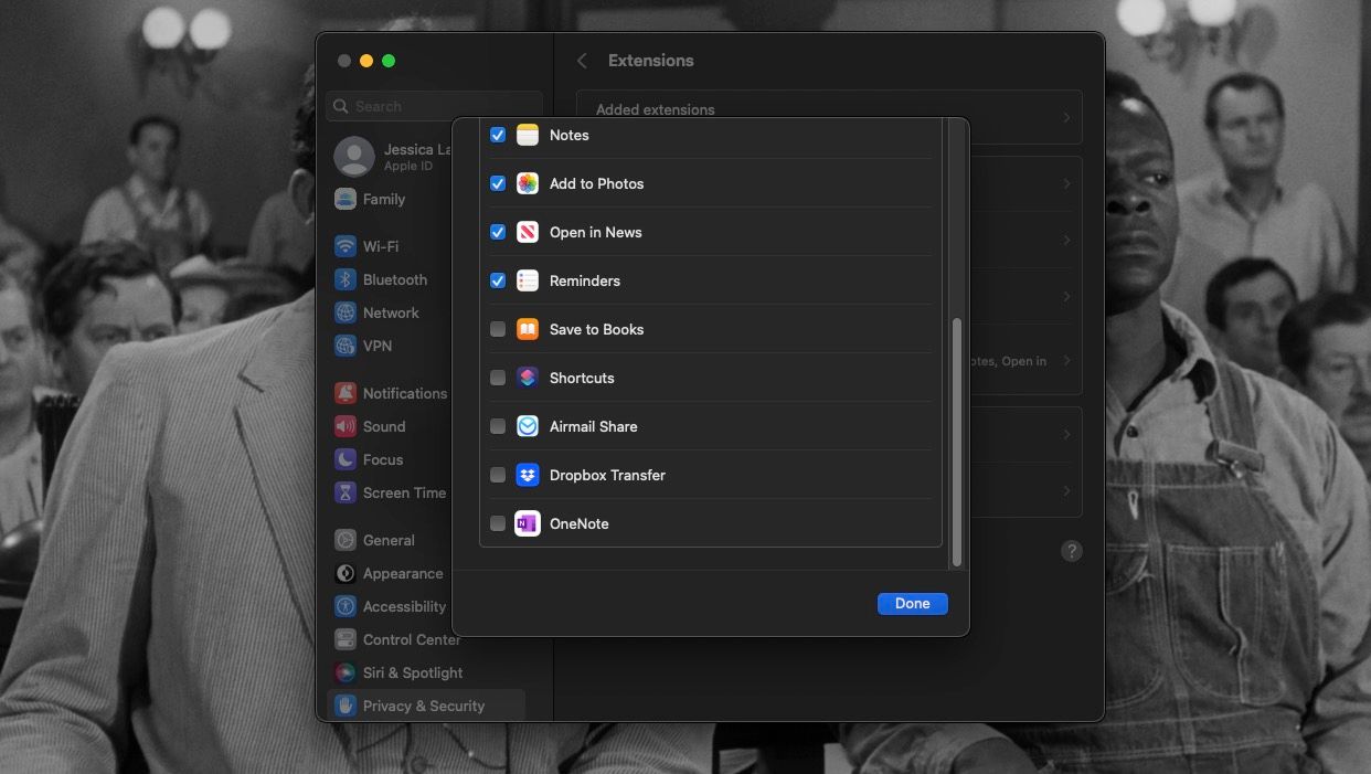 Настройки расширений и общий доступ в системных настройках Mac