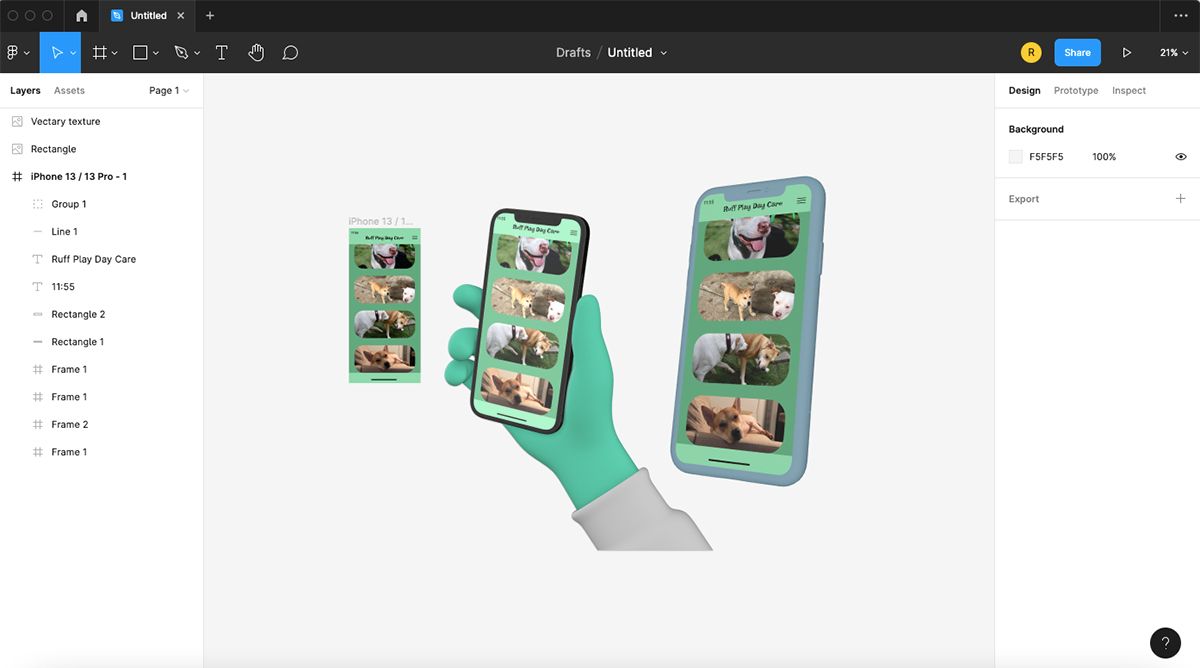 Страница Figma с дизайном телефона и двумя телефонными макетами.
