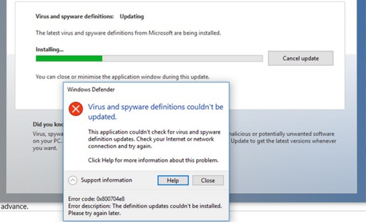 Сообщение об ошибке «Не удалось обновить определения: 0x800704e8» в Windows Defender