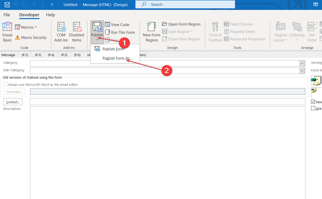 Опубликовать форму Outlook