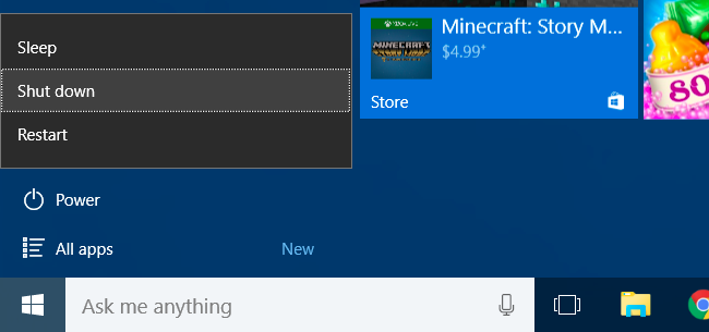 Выбор Завершения работы в меню питания