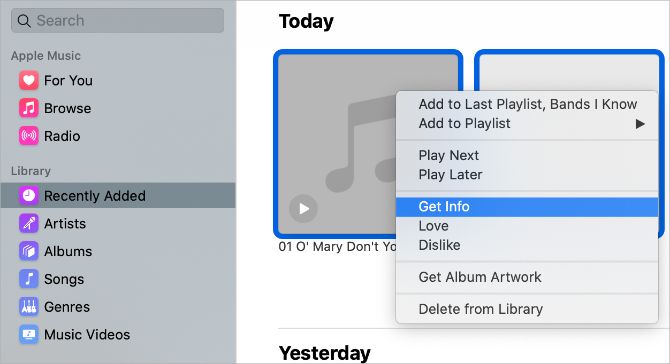 Опция Сведения для недавно добавленных треков