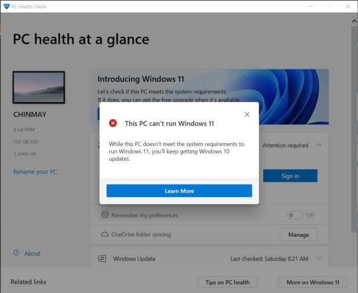 Результат проверки совместимости Windows 11