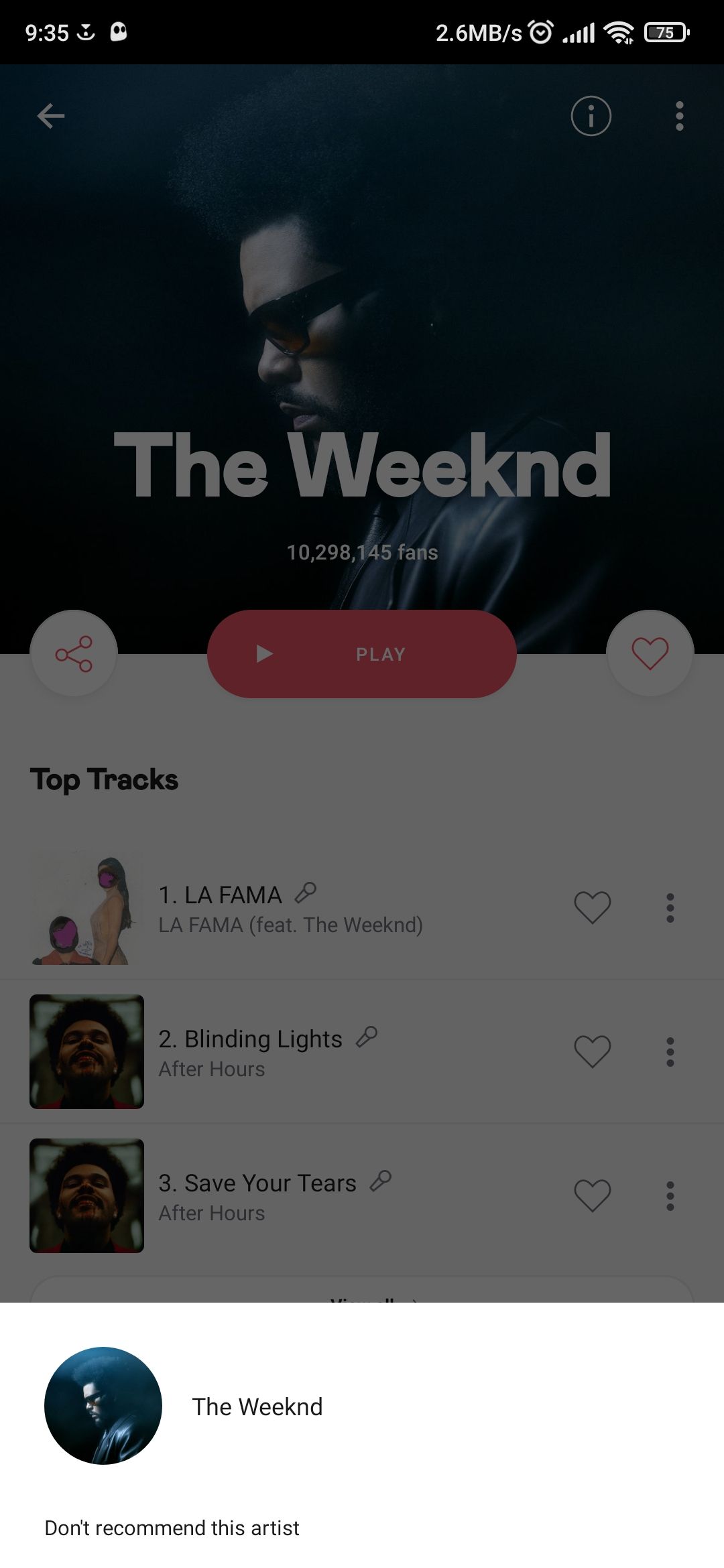 Всплывающее меню с опцией не рекомендовать исполнителя в Deezer