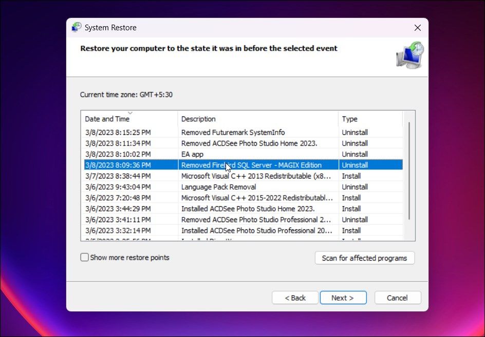 system restore select restore point