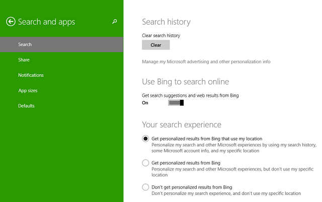 Параметры поиска и конфиденциальности в настройках ПК: Bing, местоположение, SafeSearch