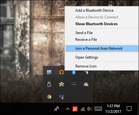 Меню Bluetooth в системном трее Windows: присоединиться к личной сети