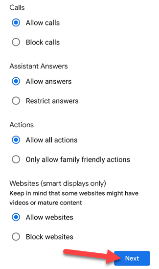 Экран дополнительных фильтров с опциями блокировки звонков и сайтов