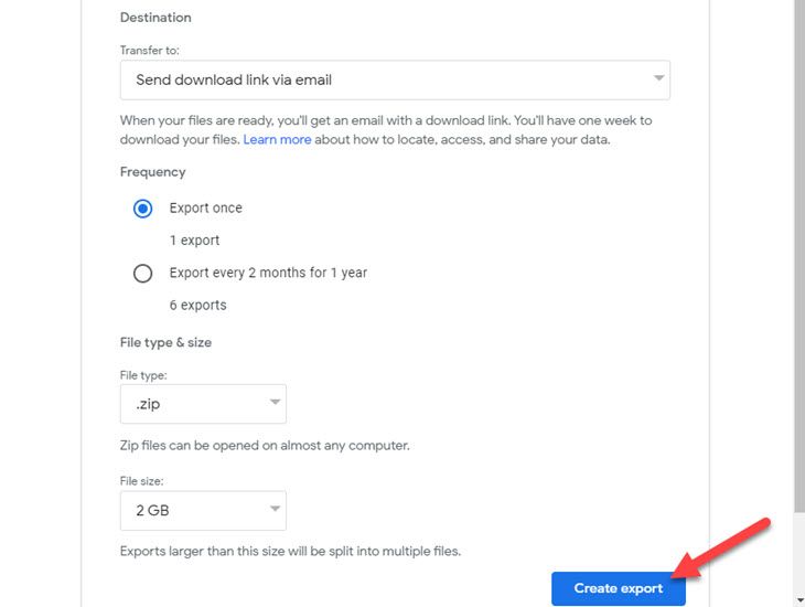 Выберите параметры экспорта и создайте архив