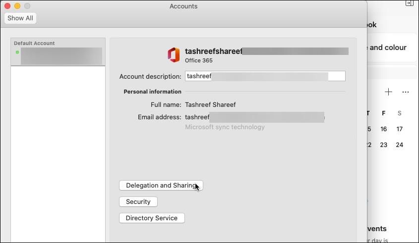 Клиент Outlook на macOS с опцией Delegation and Sharing.