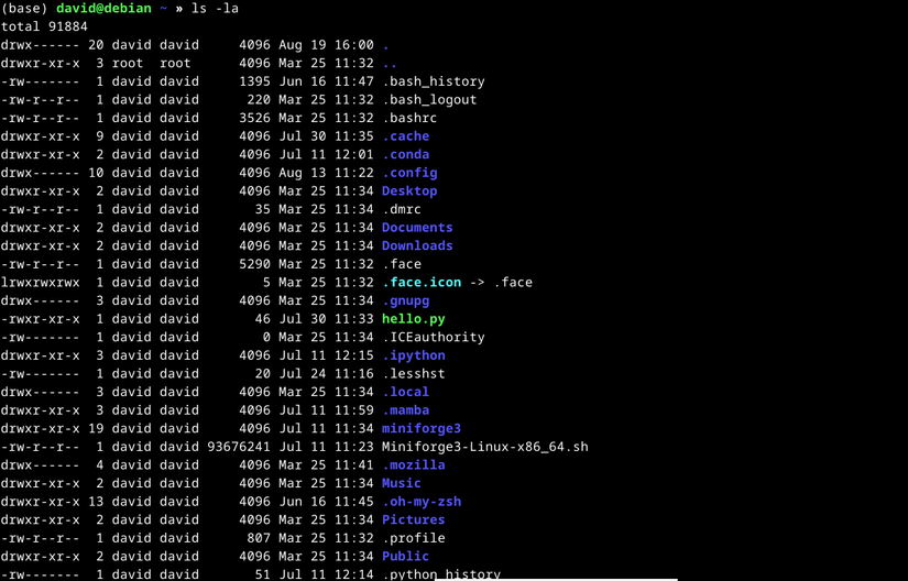 ls -la 출력 예시: 파일 권한, 소유자, 크기 등이 포함된 목록.