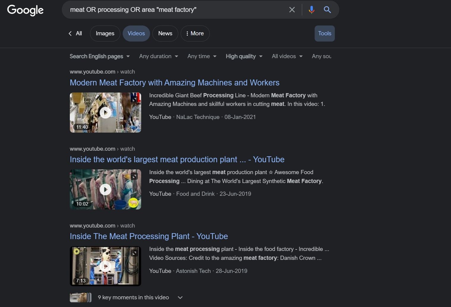 Google показывает результаты по связанным видео о переработке мяса