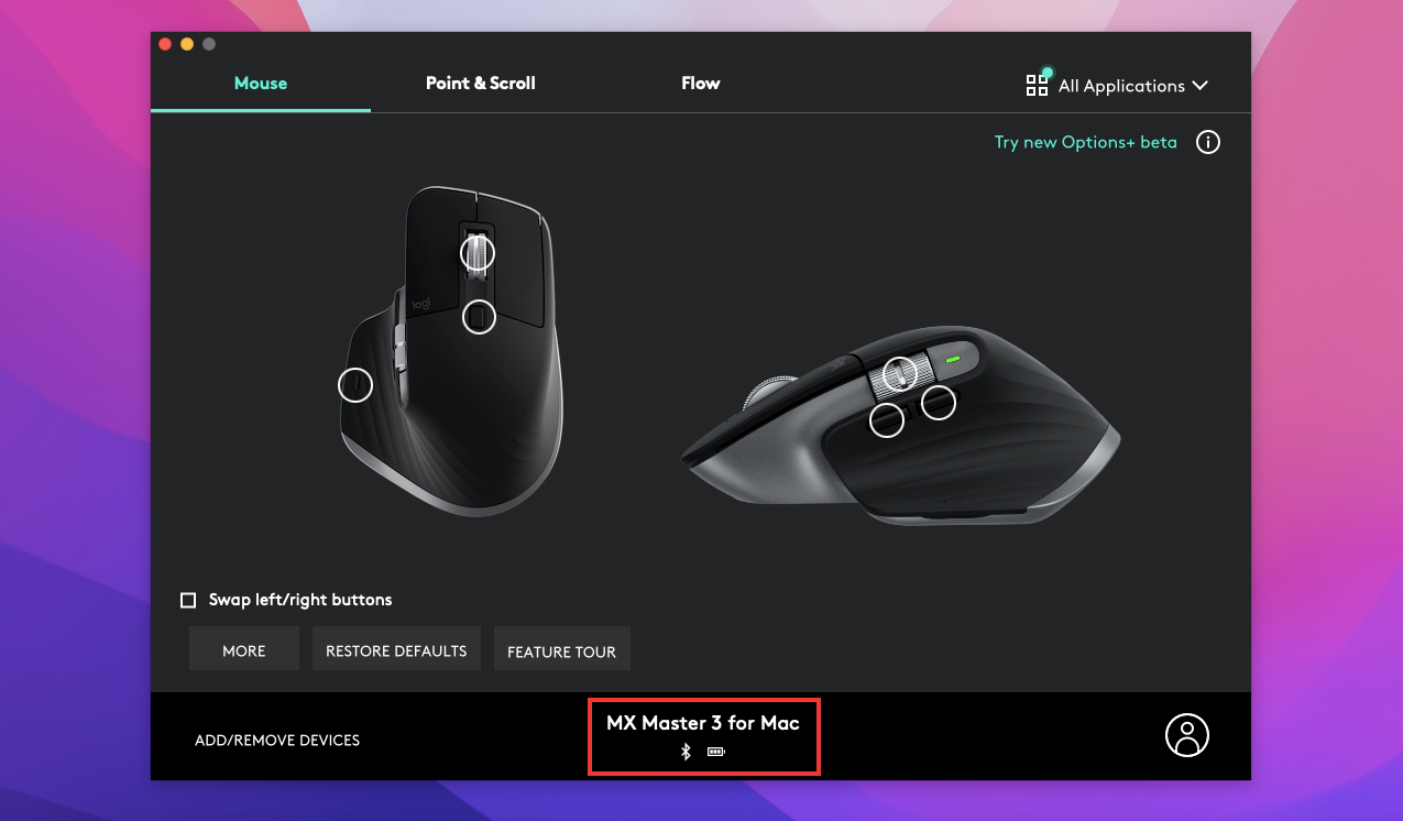 Logitech Options — уровень заряда батареи мыши.