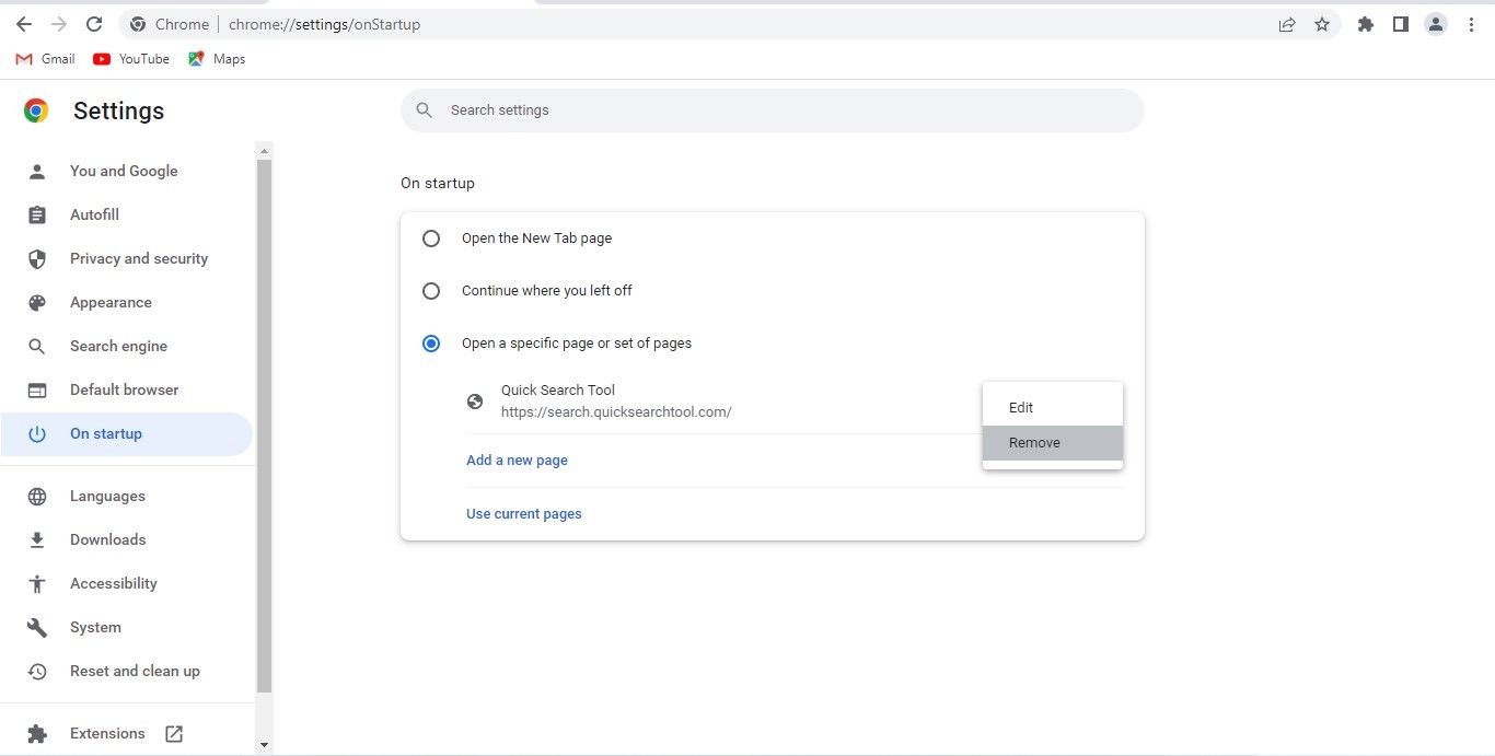Удаление адреса захватчика из параметров при запуске в настройках Chrome