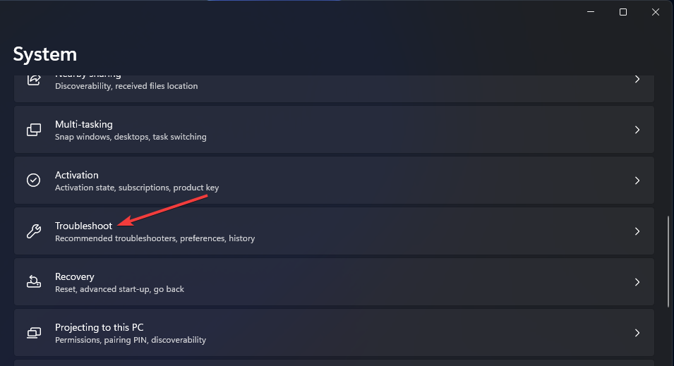 Опция Устранение неполадок в Windows 11