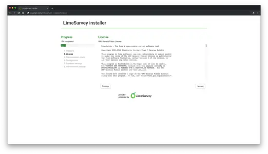 Принятие лицензии LimeSurvey