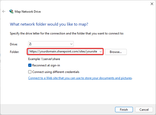 Диалог Подключение сетевого диска: поле Папка для ввода URL SharePoint