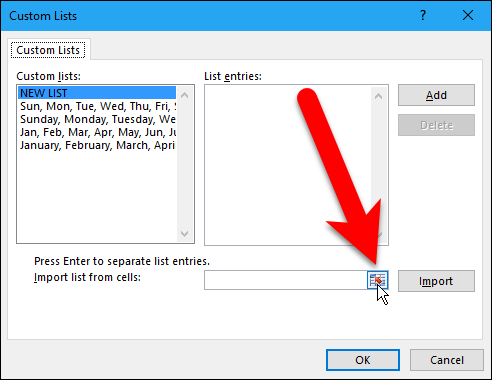 Кнопка выбора диапазона ячеек для импорта пользовательского списка