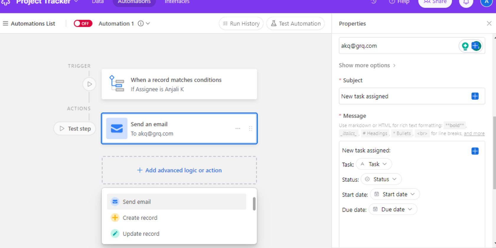 Скриншот добавления последовательных действий в Airtable