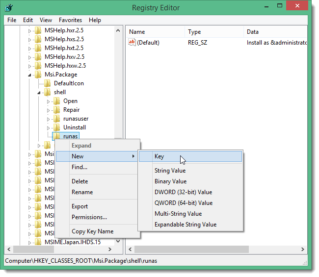 Создание подпункта command под runas