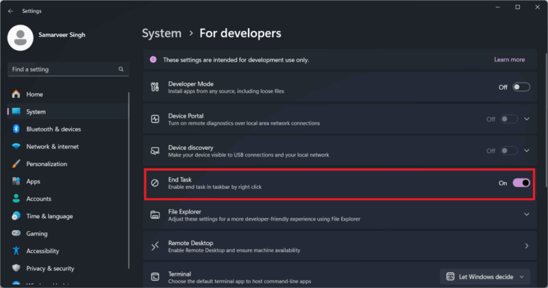 Скриншот раздела «Для разработчиков» с подсветкой переключателя для добавления «End Task» в панель задач.