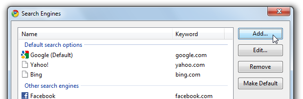 Окно добавления поисковой системы в Chrome