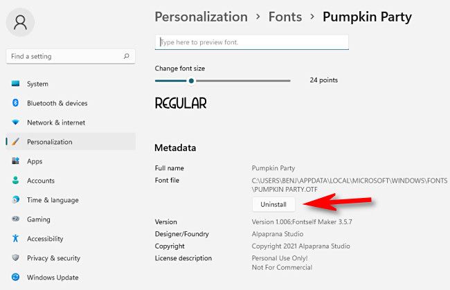 Кнопка «Удалить» на странице шрифта в Настройках Windows 11.