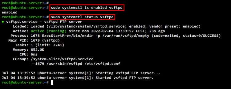 проверка статуса сервиса vsftpd