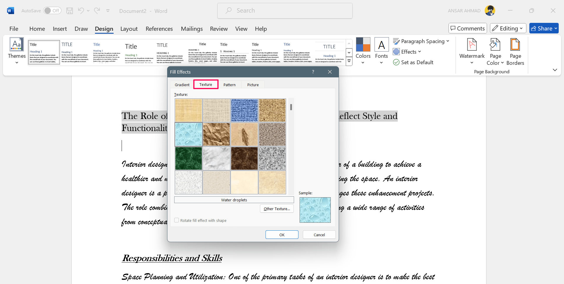 Выбор текстуры в Word