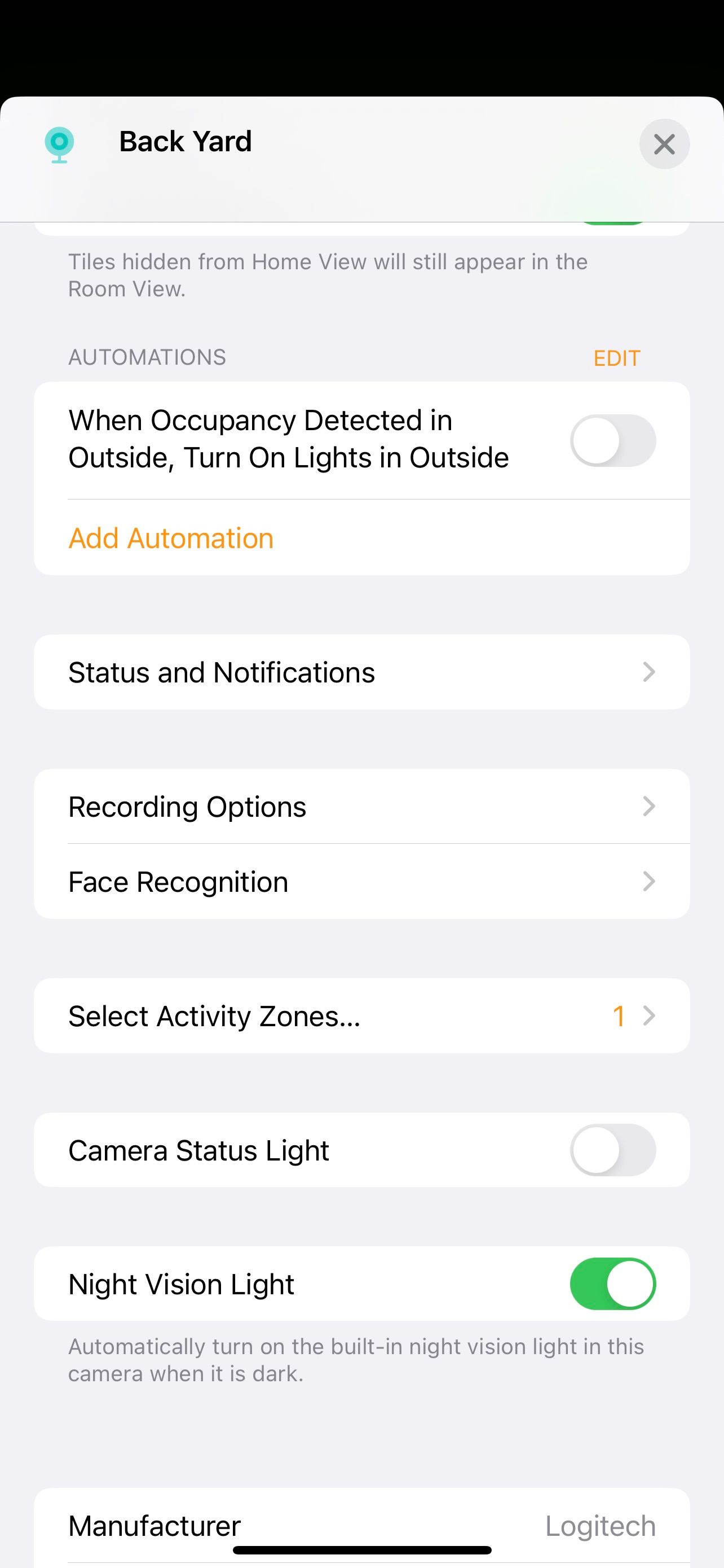 Настройки камеры HomeKit в приложении Дом на iOS 16
