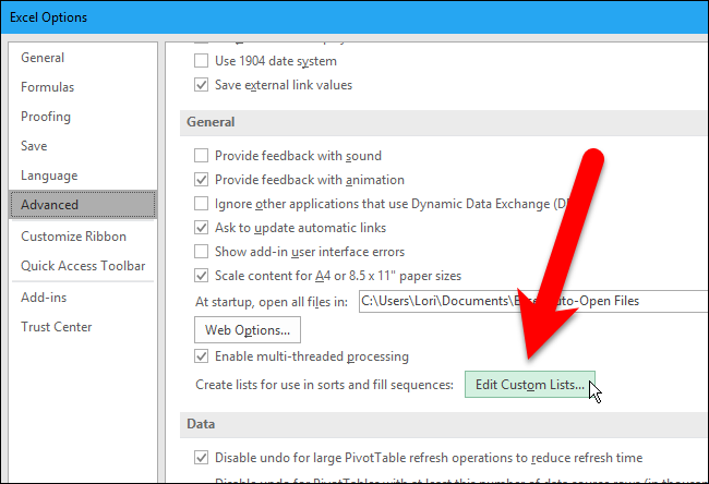 Кнопка Edit Custom Lists в разделе Общие — для создания списка