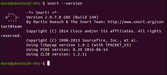 Вывод snort --version в терминале