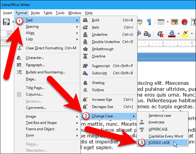 Меню переключения регистра в LibreOffice Writer