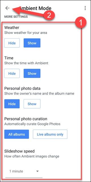 Дополнительные параметры режима Ambient: погода, время, персональные данные фотографий