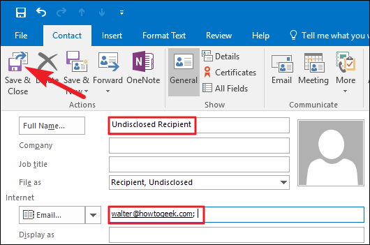 Окно нового контакта: поле Полное имя и E-mail