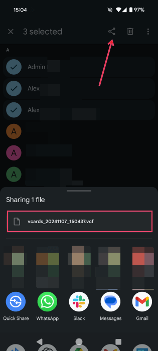 Sharing contacts from Android's Contacts app.