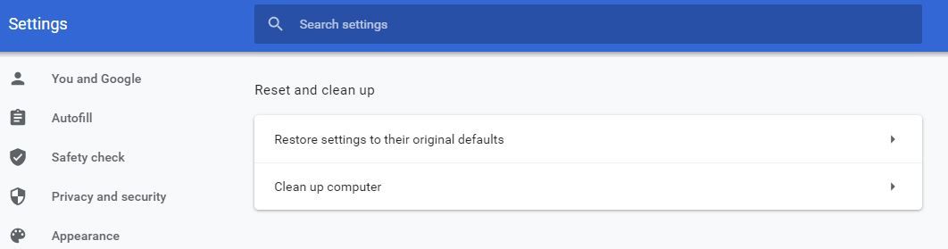 Настройки Chrome — раздел «Сброс и очистка» с инструментом очистки ПК